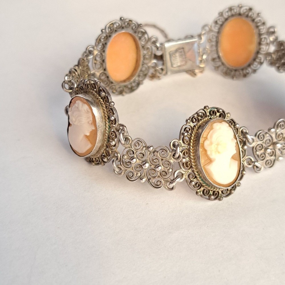 Antique Cameo Panel Silver Bracelet Filigree Italy 800 Marked Gold Chain Links - Picture 3 of 11